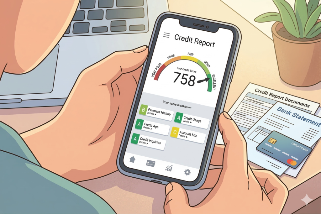 US credit score example on smartphone showing a good credit rating